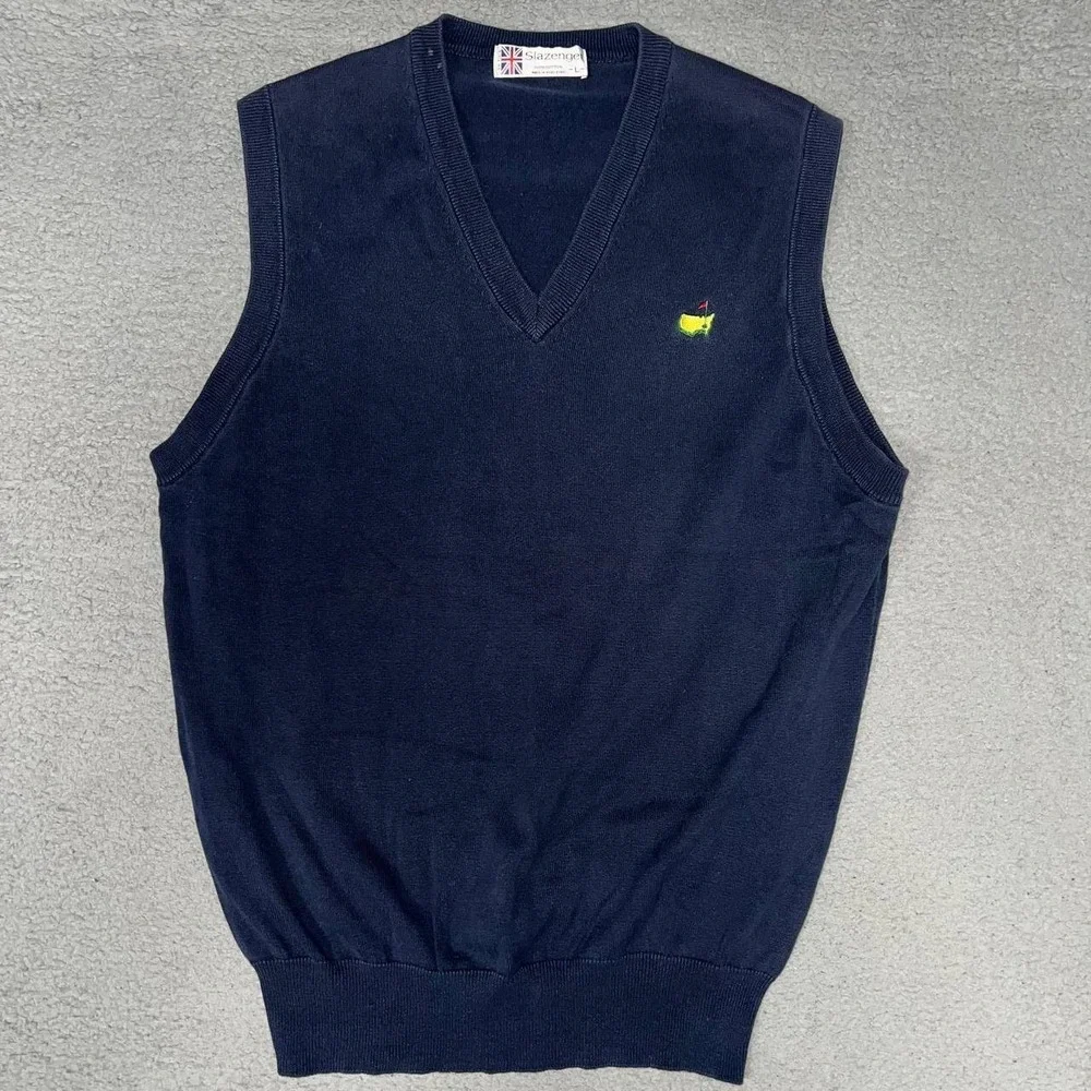 VTG Slazenger x The Masters Sweater Vest Men's Sz L Blue Embroider Golf Grandpa
